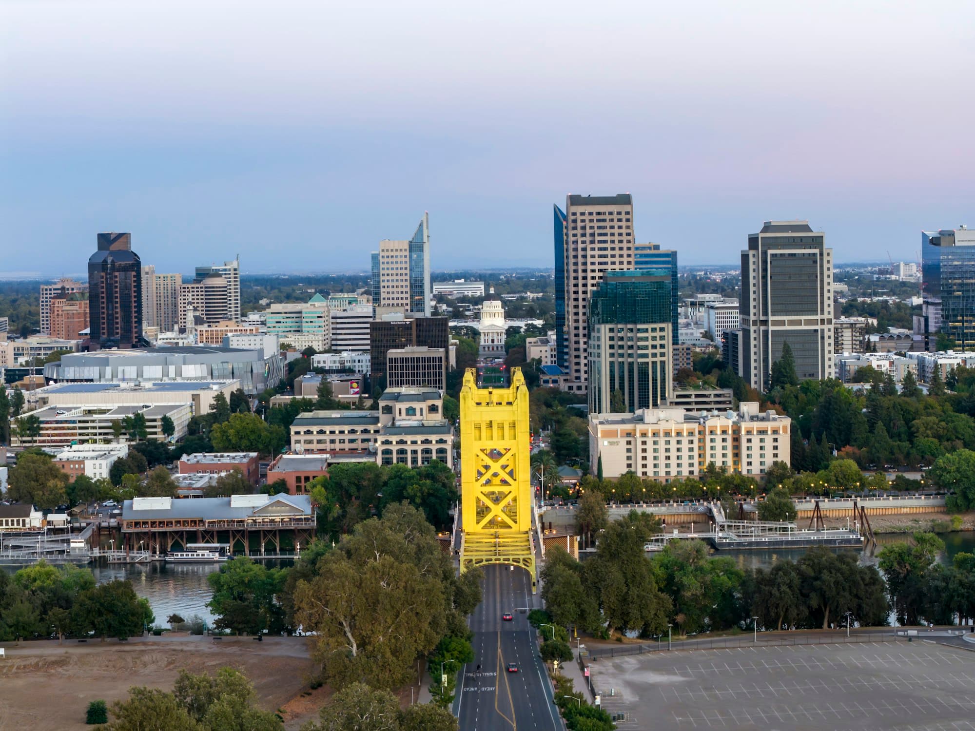 Downtown Sacramento skyline and Tower Bridge at night
